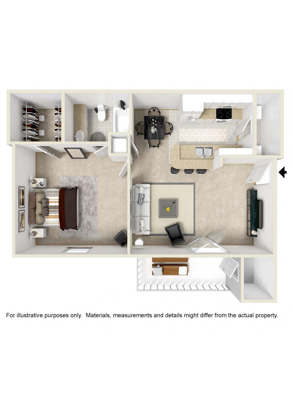 Floor plan for 1 bed, 1 bath, 761 sqft